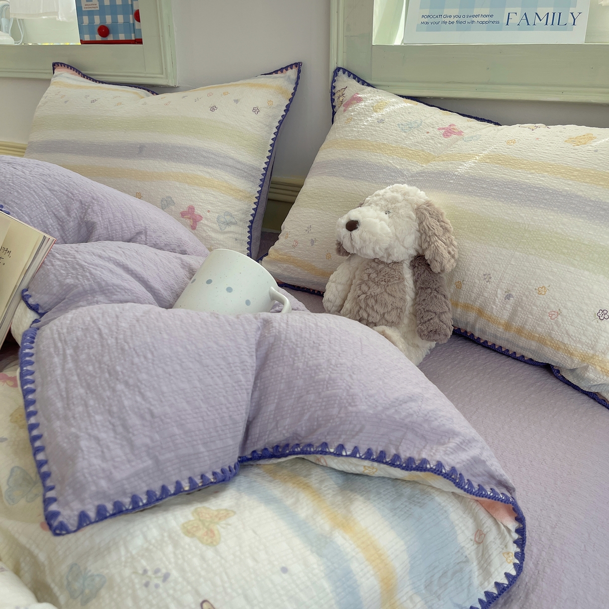 91家纺网 家纺一手货源 找家纺 凯洛奇 2026春夏新款A类高品质泡芙纱贝壳边四件套 云间彩蝶