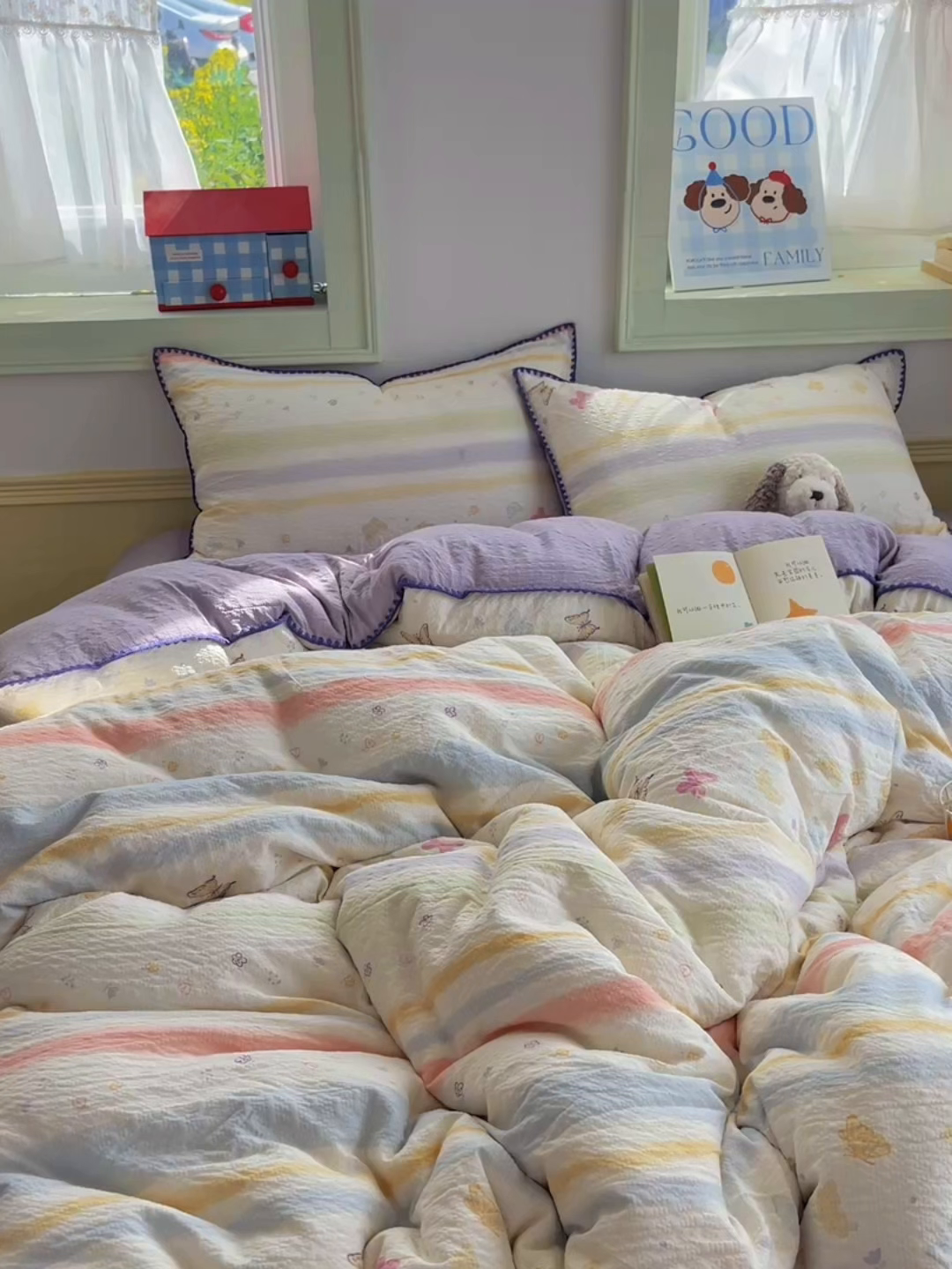 91家纺网 家纺一手货源 找家纺 凯洛奇 2026春夏新款A类高品质泡芙纱贝壳边四件套 云间彩蝶