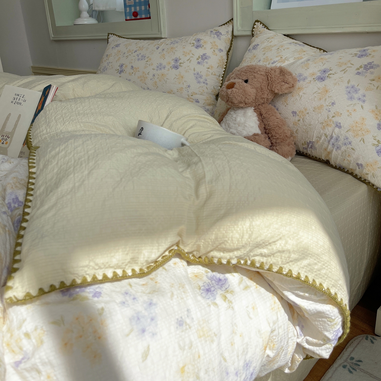 91家纺网 家纺一手货源 找家纺 凯洛奇 2026春夏新款A类高品质泡芙纱贝壳边四件套 紫雾花事