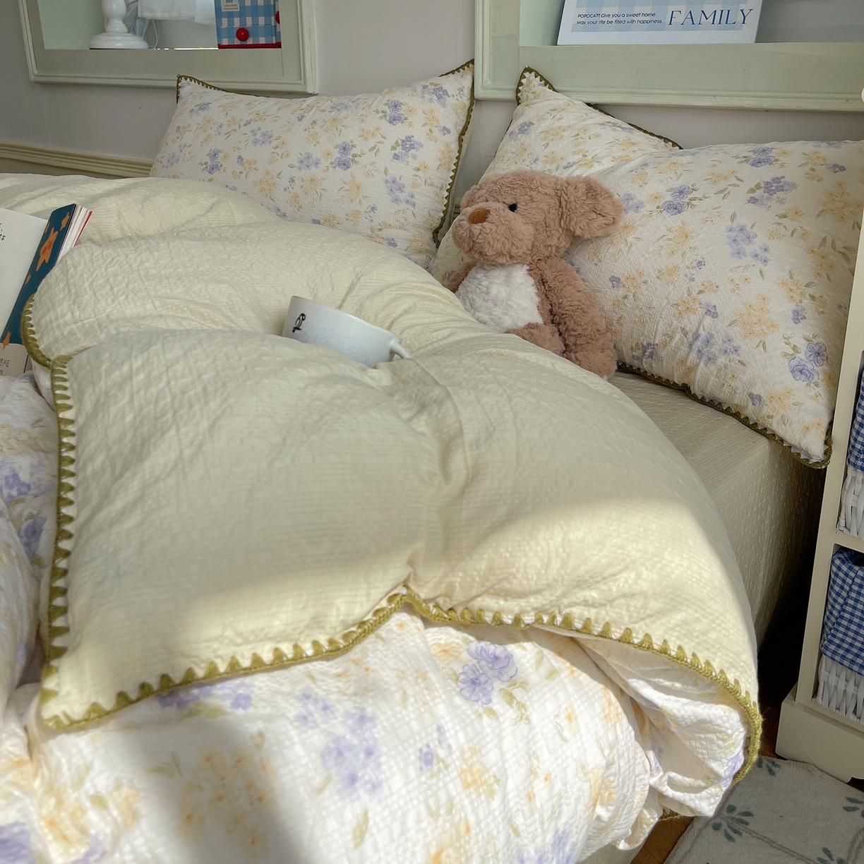 91家纺网 家纺一手货源 找家纺 凯洛奇 2026春夏新款A类高品质泡芙纱贝壳边四件套 紫雾花事