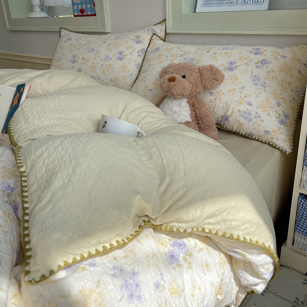 91家纺网 家纺一手货源 找家纺 凯洛奇 2026春夏新款A类高品质泡芙纱贝壳边四件套 紫雾花事