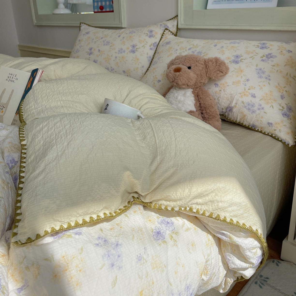 91家纺网 家纺一手货源 找家纺 凯洛奇 2026春夏新款A类高品质泡芙纱贝壳边四件套 紫雾花事