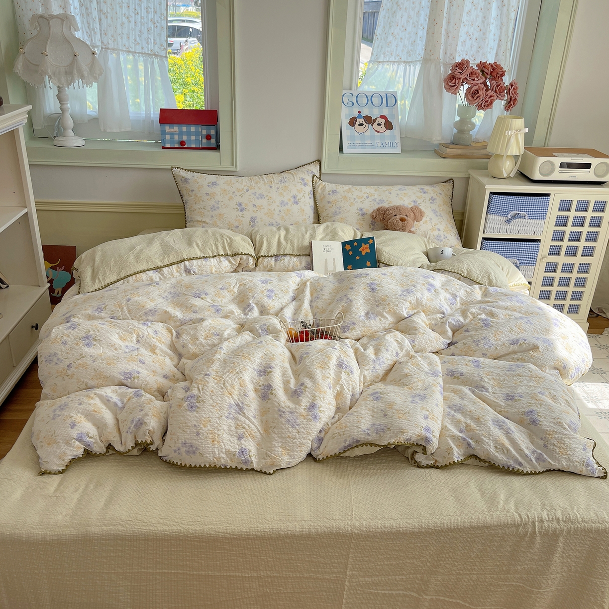 91家纺网 家纺一手货源 找家纺 凯洛奇 2026春夏新款A类高品质泡芙纱贝壳边四件套 紫雾花事