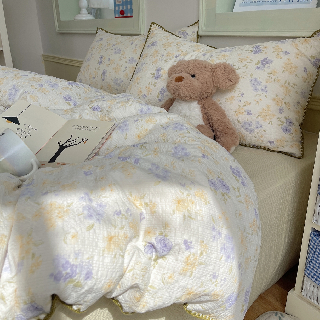 91家纺网 家纺一手货源 找家纺 凯洛奇 2026春夏新款A类高品质泡芙纱贝壳边四件套 紫雾花事