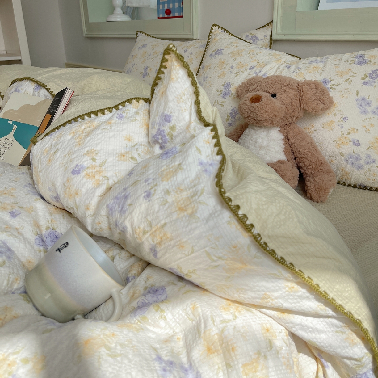 91家纺网 家纺一手货源 找家纺 凯洛奇 2026春夏新款A类高品质泡芙纱贝壳边四件套 紫雾花事