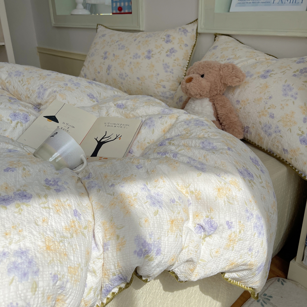 凯洛奇 2026春夏新款A类高品质泡芙纱贝壳边四件套 紫雾花事