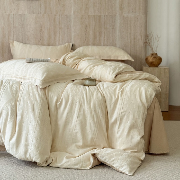 91家纺网 家纺一手货源 找家纺 奈萝家纺 2026新款长绒棉纯棉水洗全棉浮雕提花四件套 简意