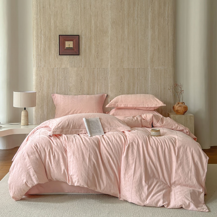 91家纺网 家纺一手货源 找家纺 奈萝家纺 2026新款长绒棉纯棉水洗全棉浮雕提花四件套 米娅粉