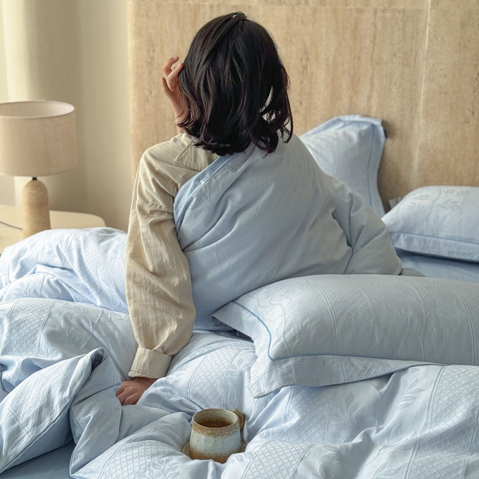 91家纺网 家纺一手货源 找家纺 奈萝家纺 2026新款长绒棉纯棉水洗全棉浮雕提花四件套 娜蓝