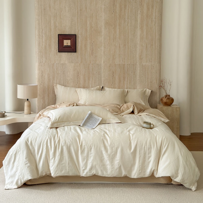 91家纺网 家纺一手货源 找家纺 奈萝家纺 2026新款长绒棉纯棉水洗全棉浮雕提花四件套 简意