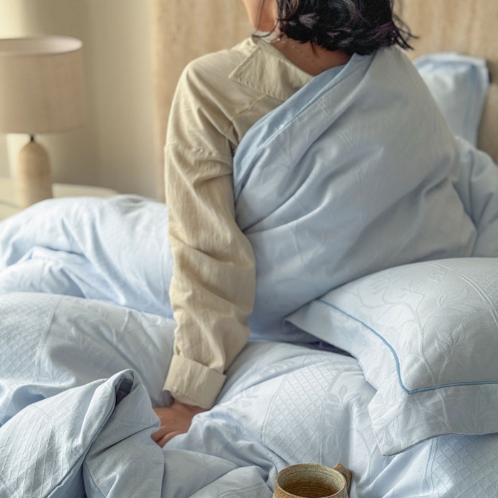 91家纺网 家纺一手货源 找家纺 奈萝家纺 2026新款长绒棉纯棉水洗全棉浮雕提花四件套 娜蓝