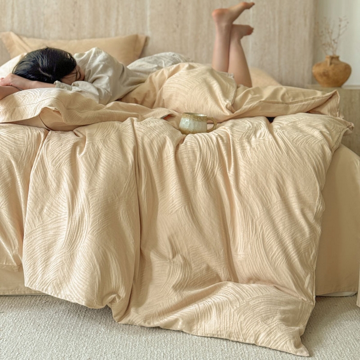 91家纺网 家纺一手货源 找家纺 奈萝家纺 2026新款长绒棉纯棉水洗全棉浮雕提花四件套 罗熙