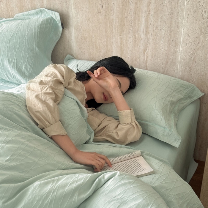 91家纺网 家纺一手货源 找家纺 奈萝家纺 2026新款长绒棉纯棉水洗全棉浮雕提花四件套 佩里水绿