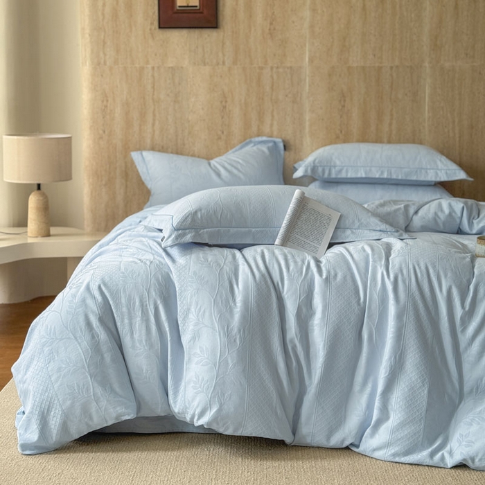 91家纺网 家纺一手货源 找家纺 奈萝家纺 2026新款长绒棉纯棉水洗全棉浮雕提花四件套 娜蓝