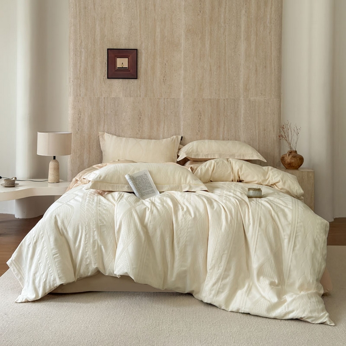 91家纺网 家纺一手货源 找家纺 奈萝家纺 2026新款长绒棉纯棉水洗全棉浮雕提花四件套 简意