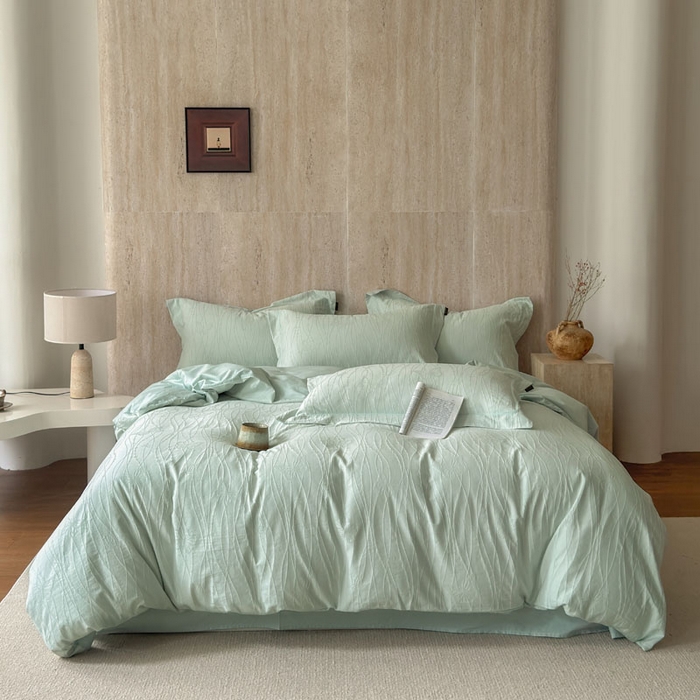 91家纺网 家纺一手货源 找家纺 奈萝家纺 2026新款长绒棉纯棉水洗全棉浮雕提花四件套 佩里水绿