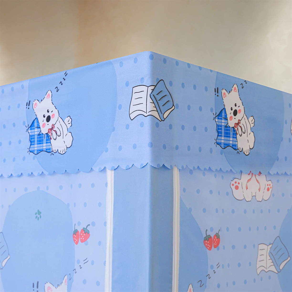 91家纺网 家纺一手货源 找家纺 迪凡保罗蚊帐 2026新款2606专版卡通回底全底AB版遮光帘坐床蚊帐 小狗派对-无床帘