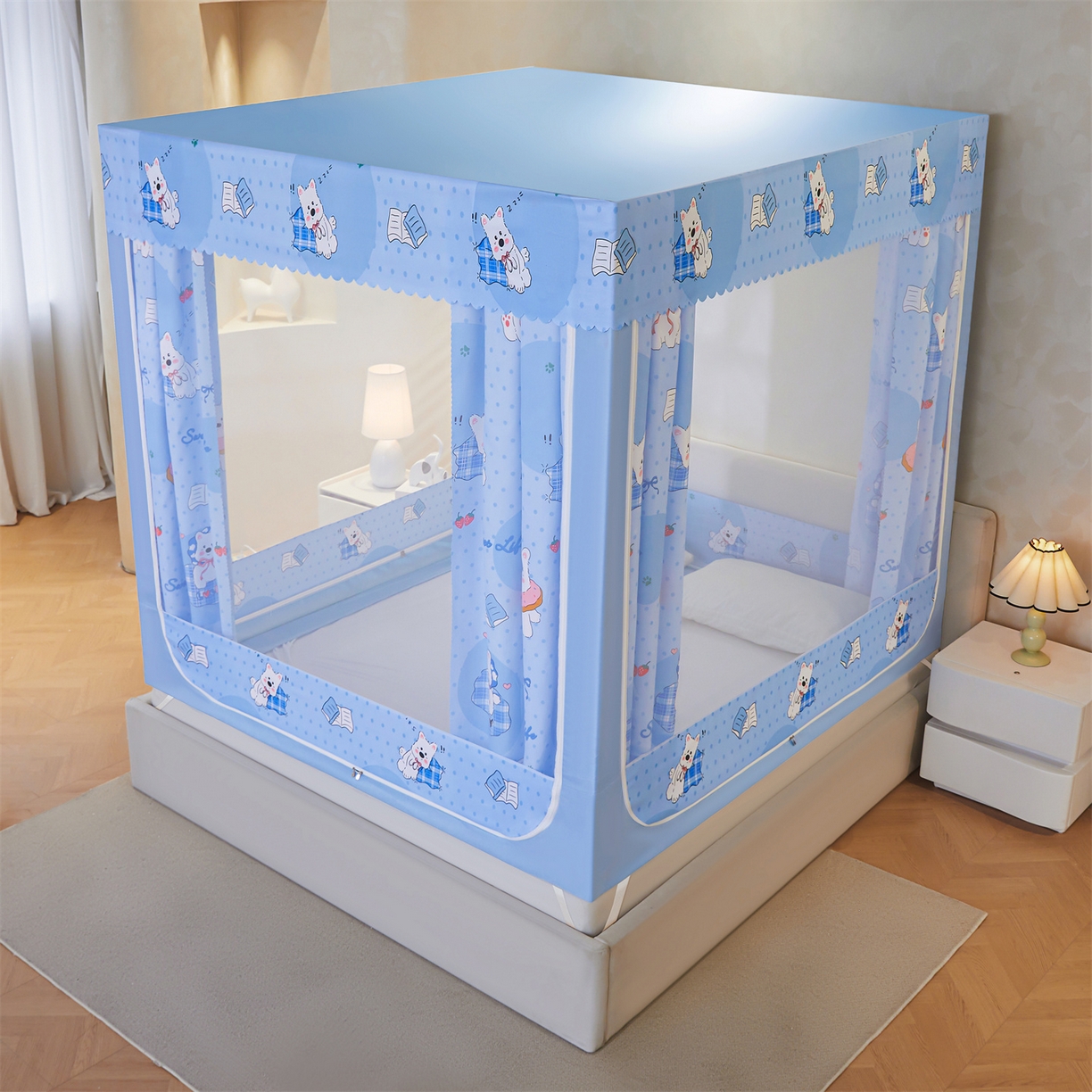 91家纺网 家纺一手货源 找家纺 迪凡保罗蚊帐 2026新款2606专版卡通回底全底AB版遮光帘坐床蚊帐 小狗派对-带床帘