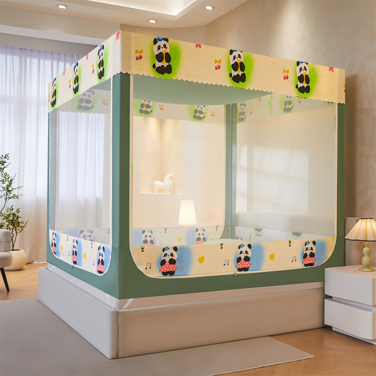 91家纺网 家纺一手货源 找家纺 迪凡保罗蚊帐 2026新款2606专版卡通回底全底AB版遮光帘坐床蚊帐 爱心熊猫-无床帘