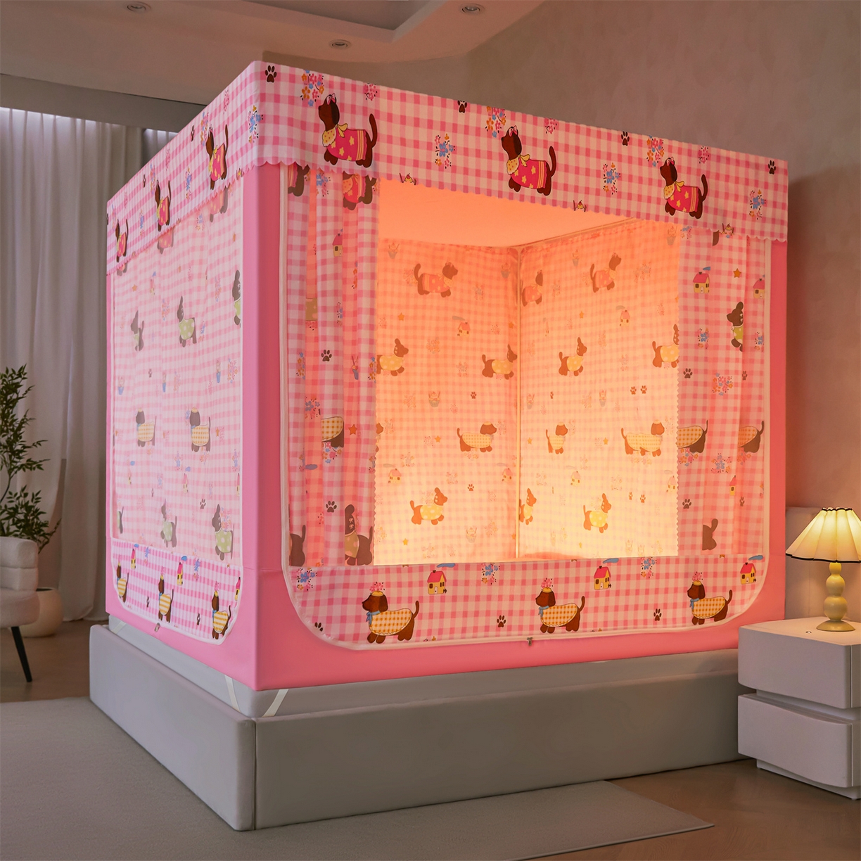 91家纺网 家纺一手货源 找家纺 迪凡保罗蚊帐 2026新款2606专版卡通回底全底AB版遮光帘坐床蚊帐 拉拉狗-无床帘