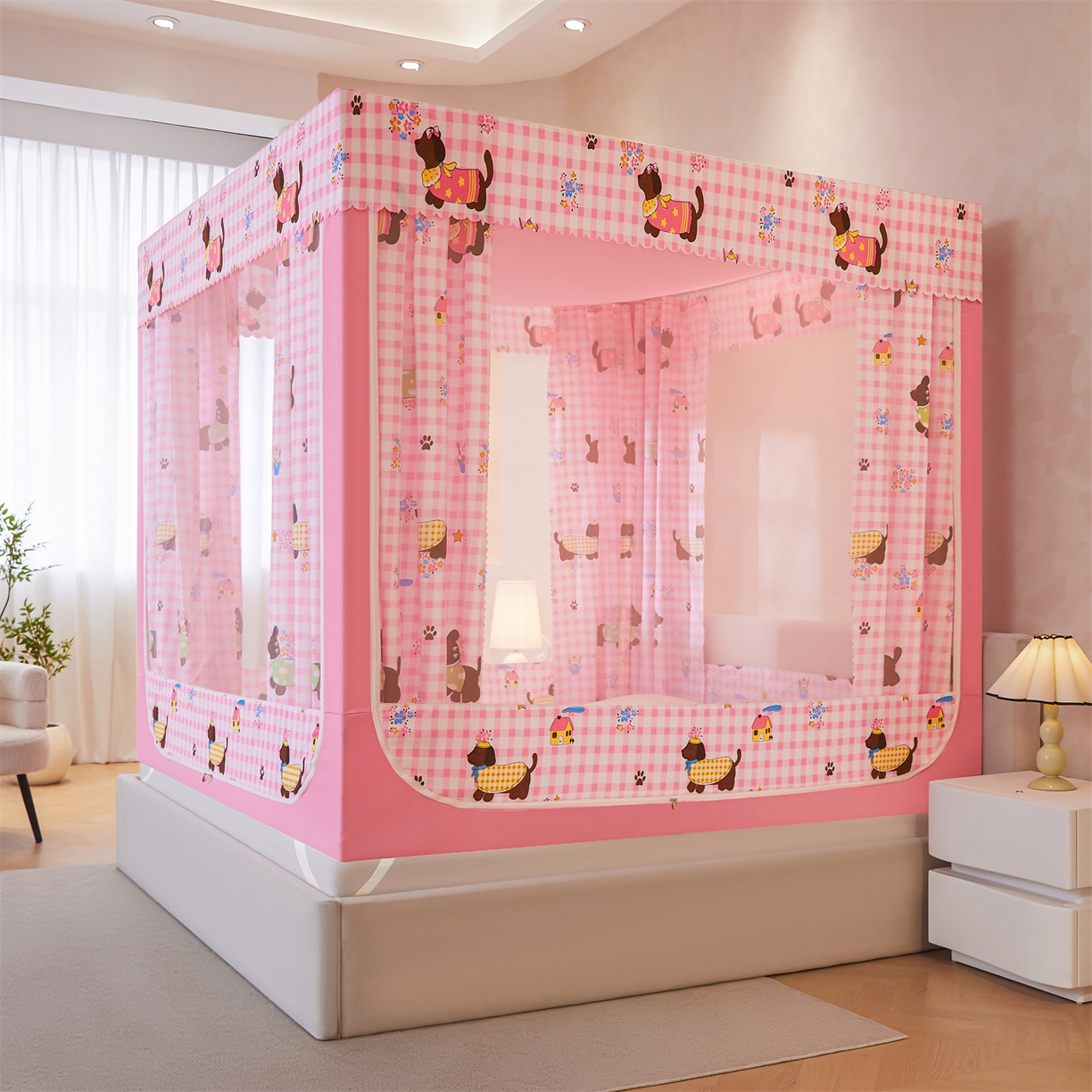 91家纺网 家纺一手货源 找家纺 迪凡保罗蚊帐 2026新款2606专版卡通回底全底AB版遮光帘坐床蚊帐 拉拉狗-无床帘