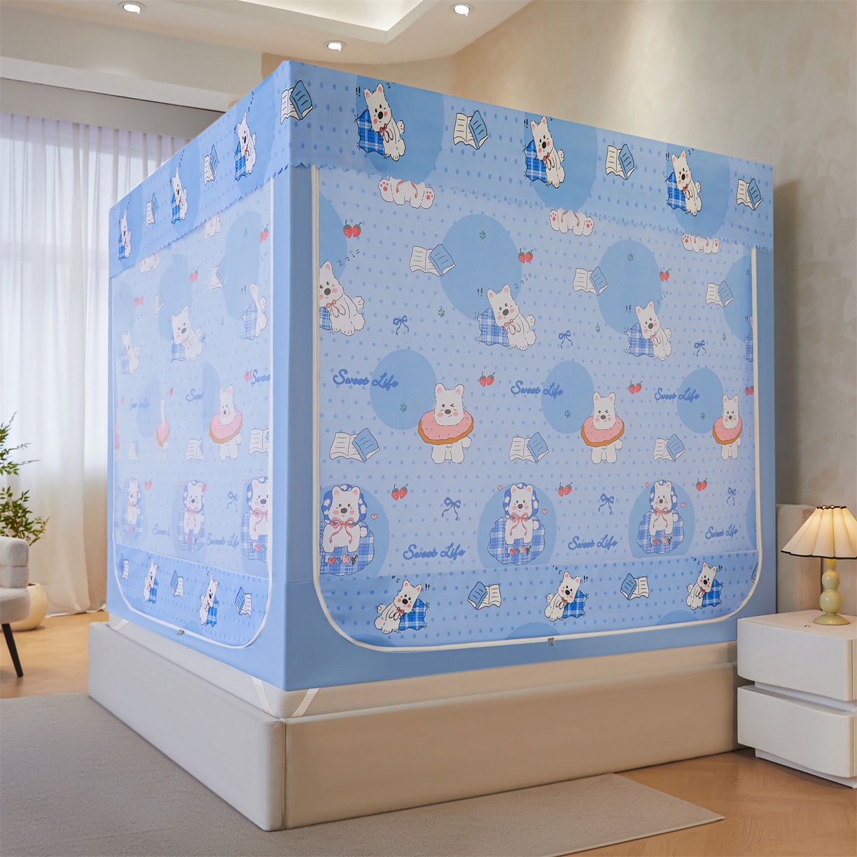 91家纺网 家纺一手货源 找家纺 迪凡保罗蚊帐 2026新款2606专版卡通回底全底AB版遮光帘坐床蚊帐 小狗派对-带床帘