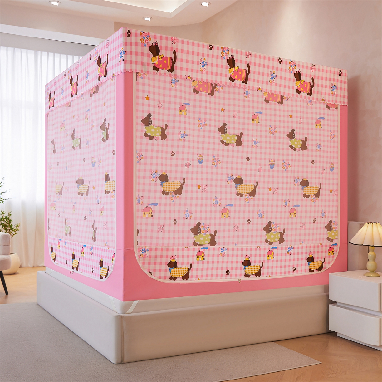 91家纺网 家纺一手货源 找家纺 迪凡保罗蚊帐 2026新款2606专版卡通回底全底AB版遮光帘坐床蚊帐 拉拉狗-无床帘