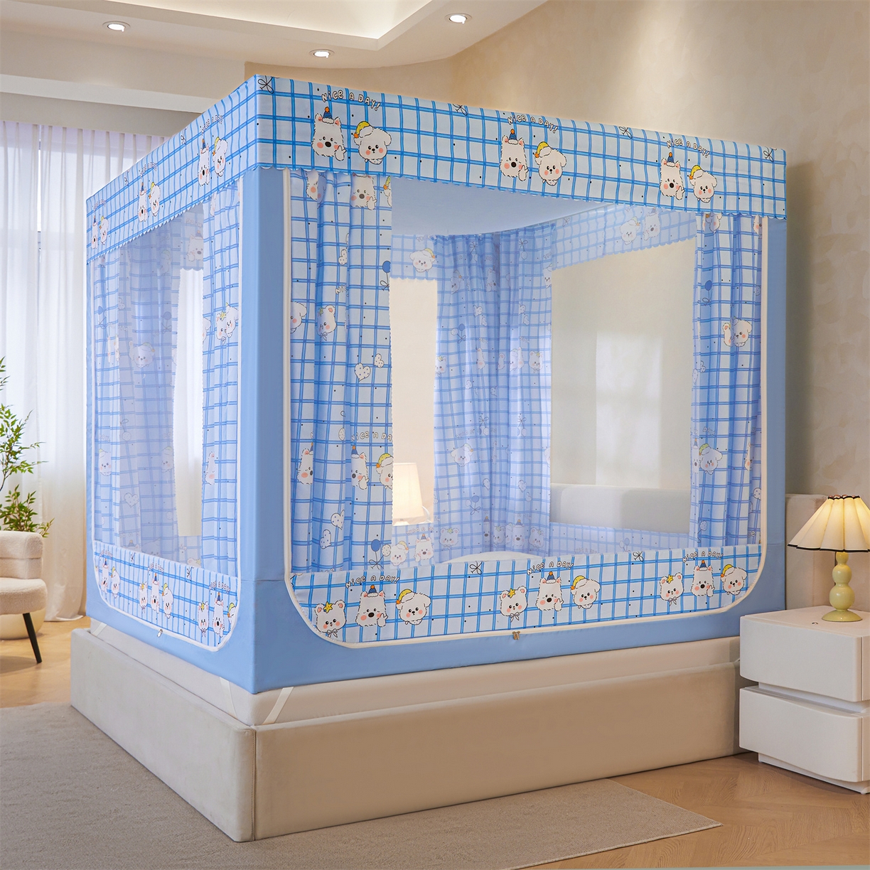 91家纺网 家纺一手货源 找家纺 迪凡保罗蚊帐 2026新款2606专版卡通回底全底AB版遮光帘坐床蚊帐 萌趣多多-无床帘