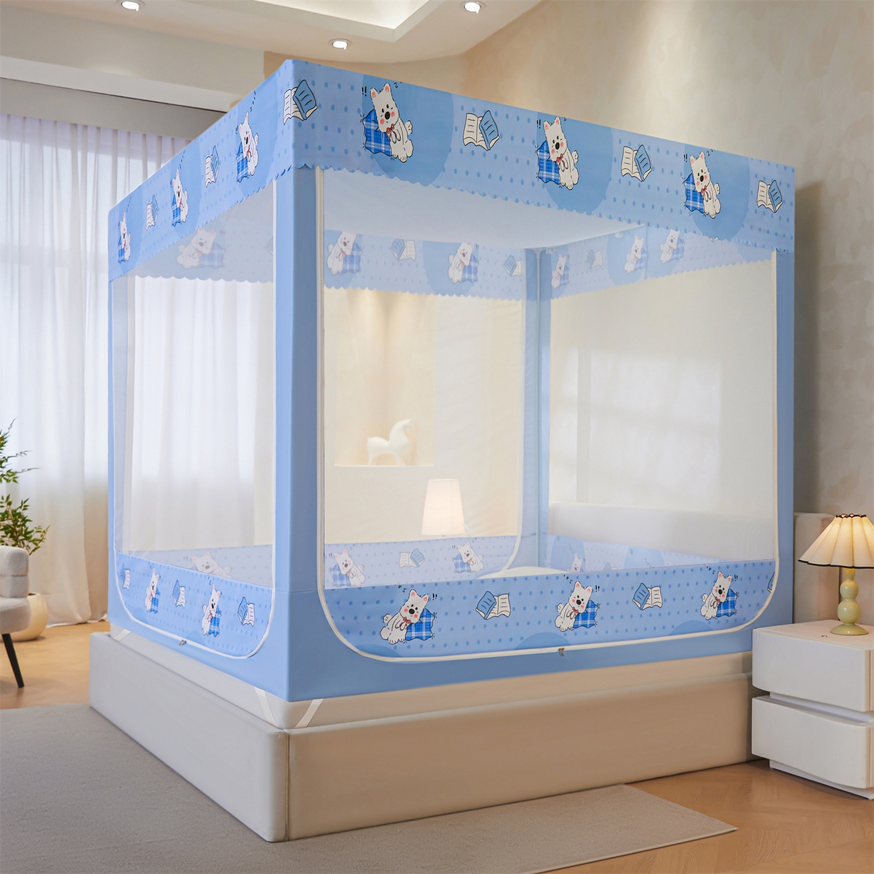 91家纺网 家纺一手货源 找家纺 迪凡保罗蚊帐 2026新款2606专版卡通回底全底AB版遮光帘坐床蚊帐 小狗派对-带床帘