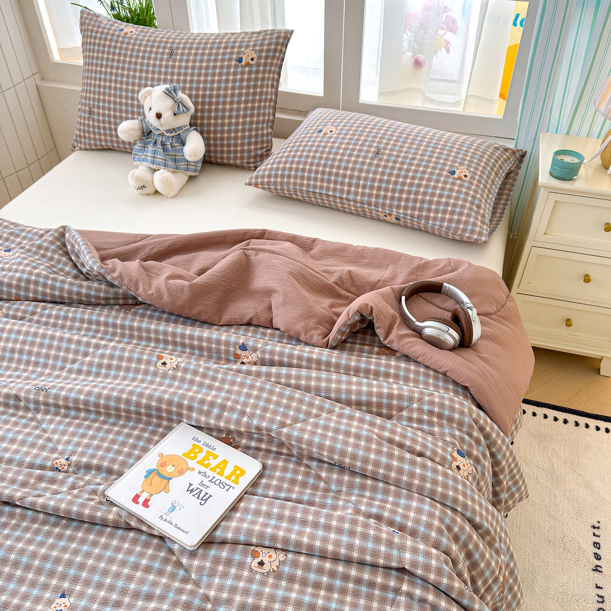 91家纺网 家纺一手货源 找家纺 弗苓家纺 2026新款A类云感有氧双层纱夏被夏凉被 英伦小熊