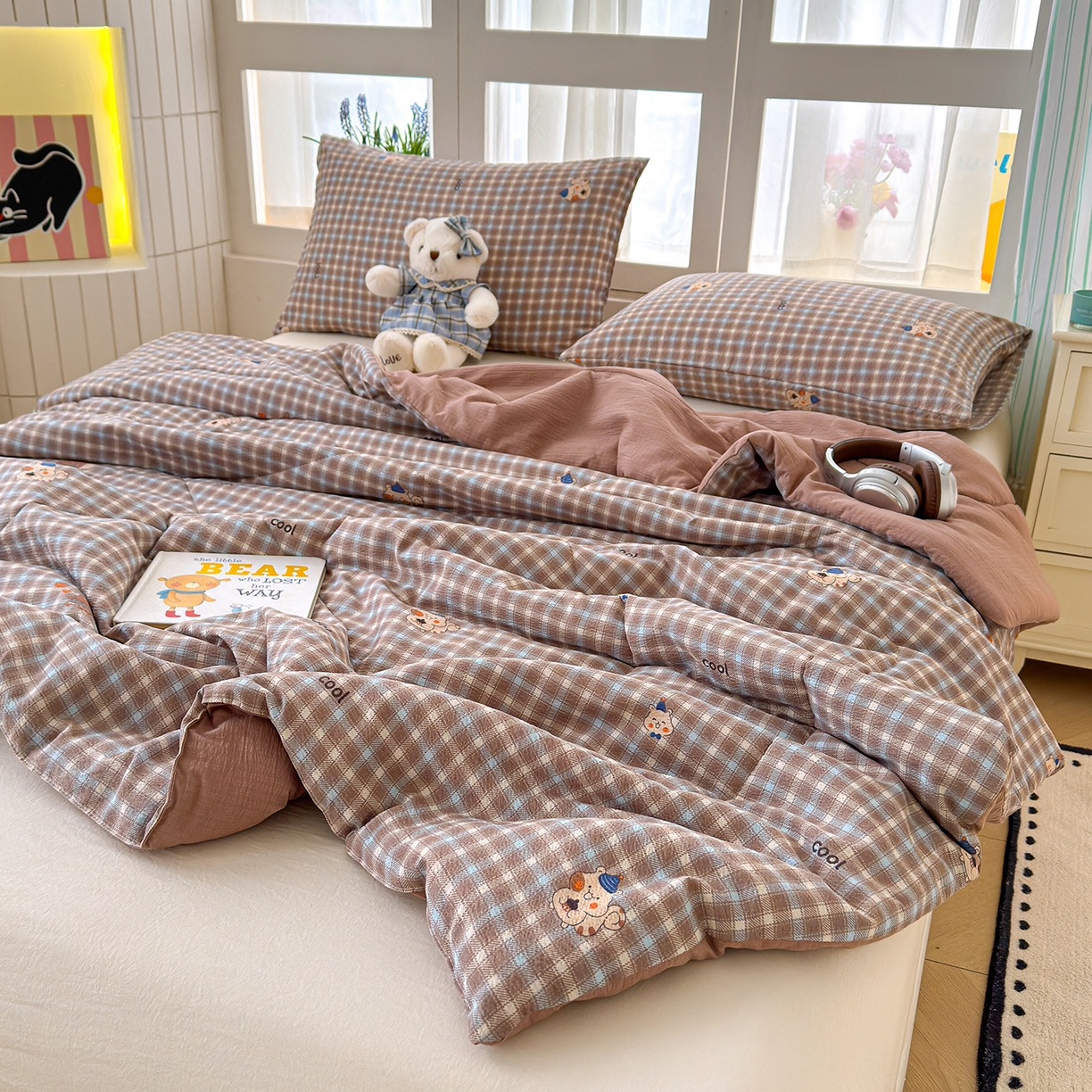 91家纺网 家纺一手货源 找家纺 弗苓家纺 2026新款A类云感有氧双层纱夏被夏凉被 英伦小熊