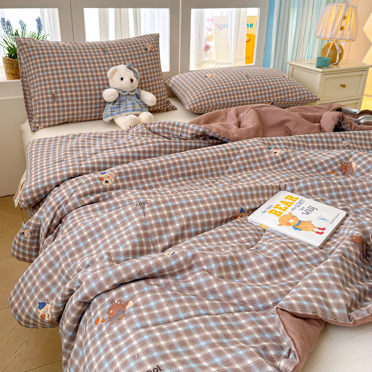 91家纺网 家纺一手货源 找家纺 弗苓家纺 2026新款A类云感有氧双层纱夏被夏凉被 英伦小熊