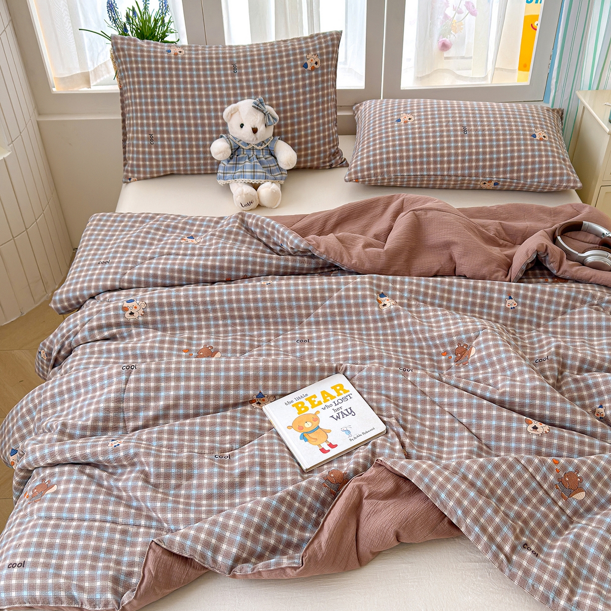 91家纺网 家纺一手货源 找家纺 弗苓家纺 2026新款A类云感有氧双层纱夏被夏凉被 英伦小熊