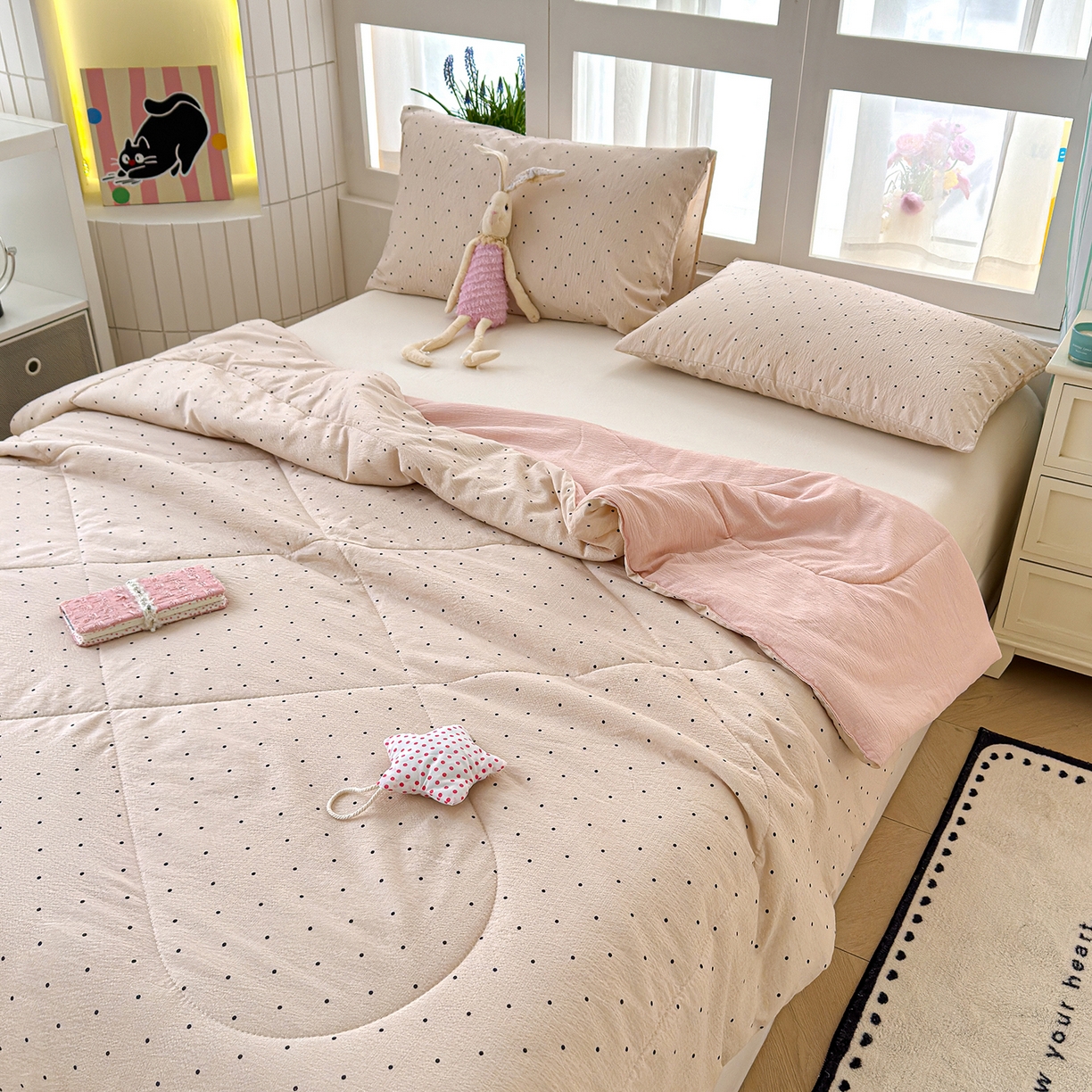 91家纺网 家纺一手货源 找家纺 弗苓家纺 2026新款A类云感有氧双层纱夏被夏凉被 小奶球