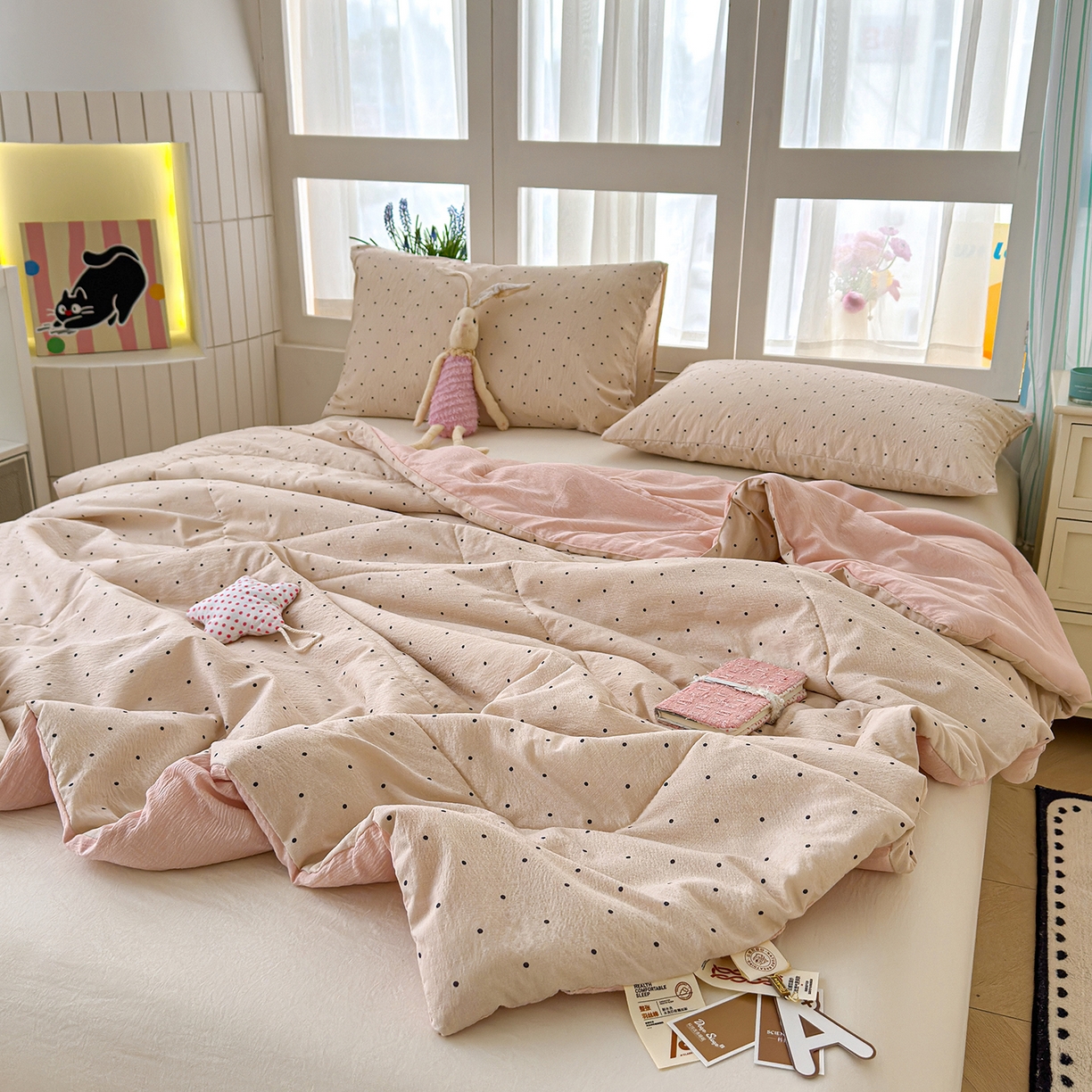 91家纺网 家纺一手货源 找家纺 弗苓家纺 2026新款A类云感有氧双层纱夏被夏凉被 小奶球