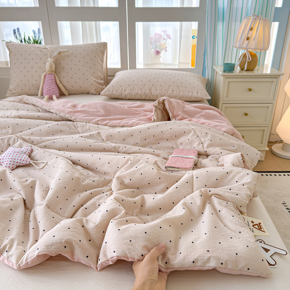 91家纺网 家纺一手货源 找家纺 弗苓家纺 2026新款A类云感有氧双层纱夏被夏凉被 小奶球