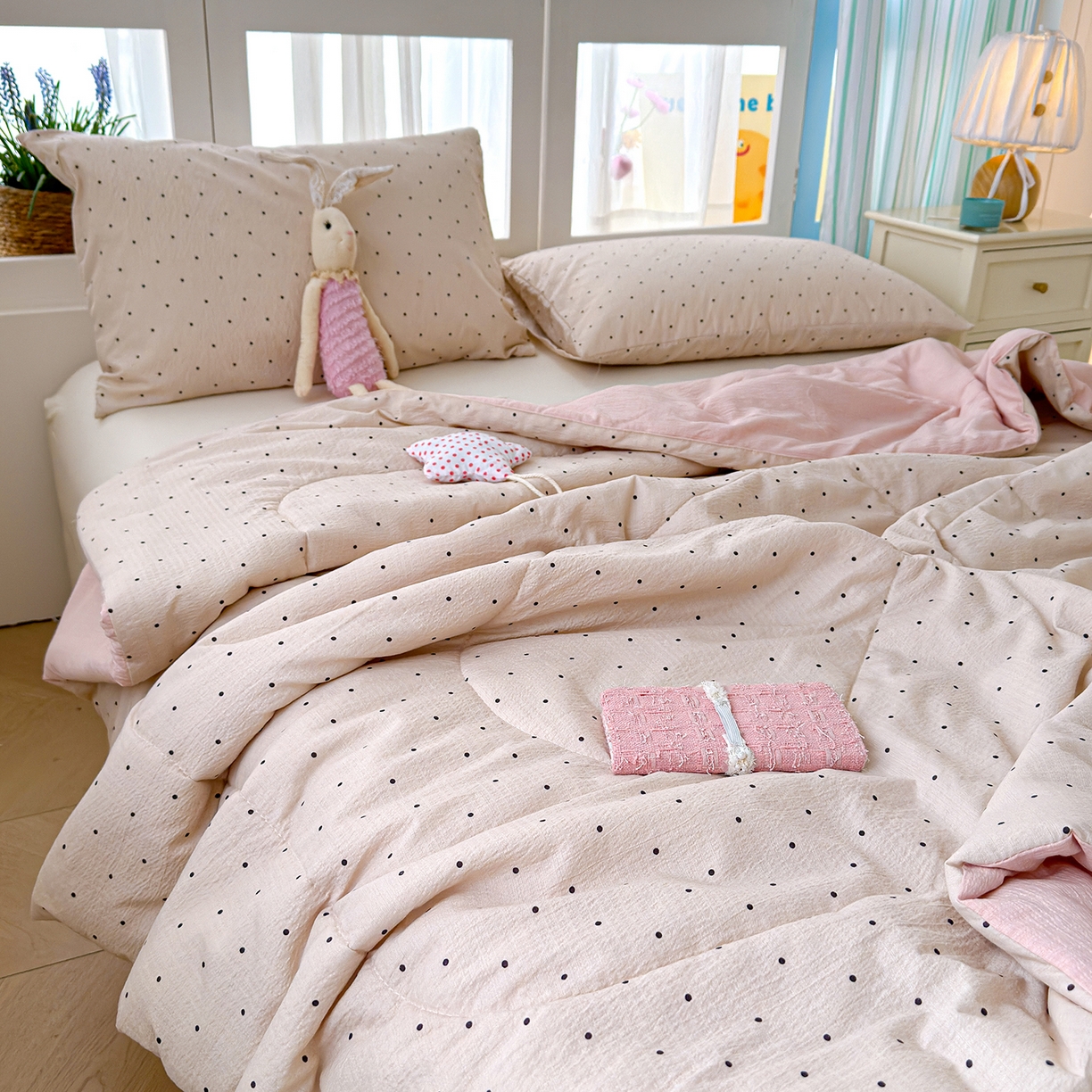 91家纺网 家纺一手货源 找家纺 弗苓家纺 2026新款A类云感有氧双层纱夏被夏凉被 小奶球