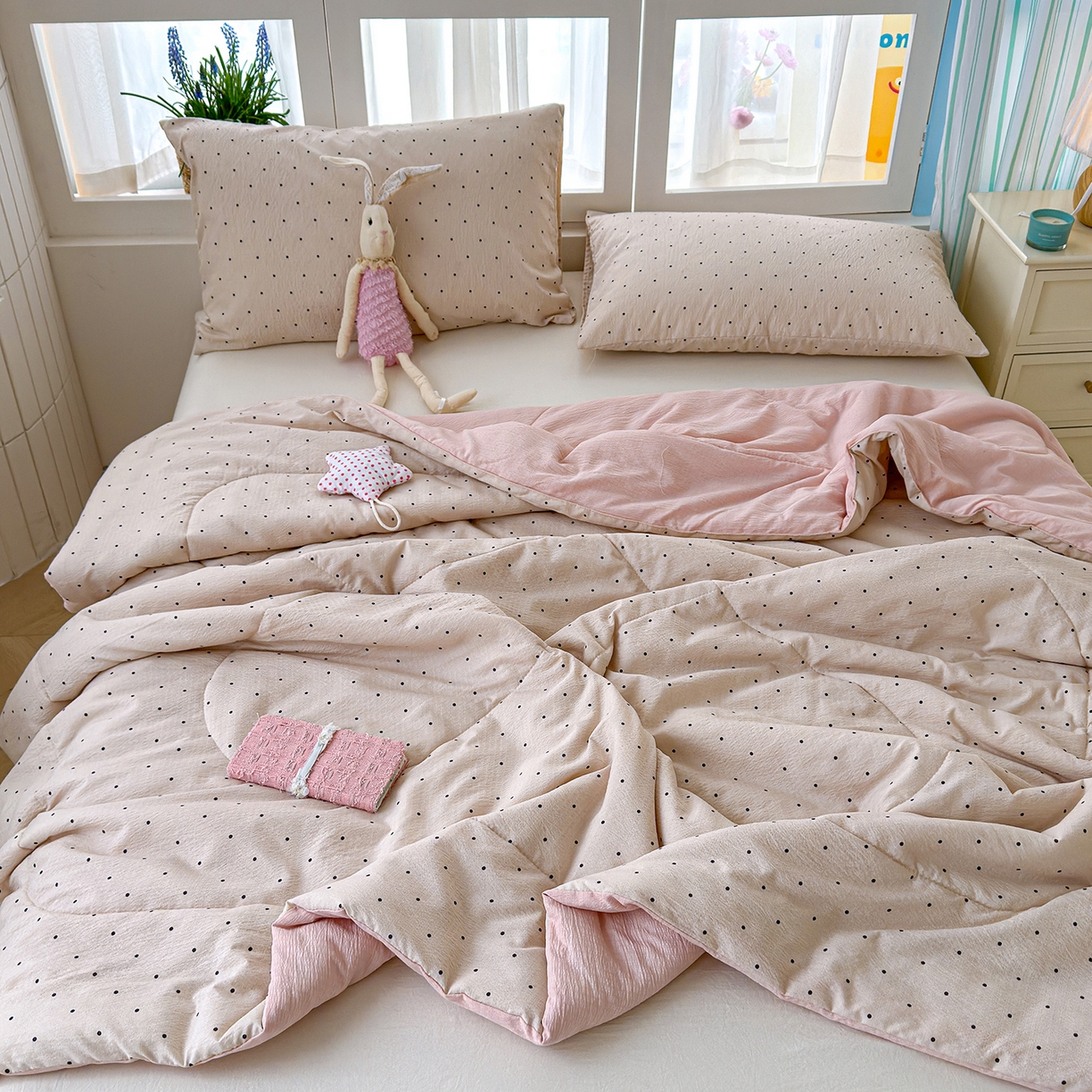 91家纺网 家纺一手货源 找家纺 弗苓家纺 2026新款A类云感有氧双层纱夏被夏凉被 小奶球