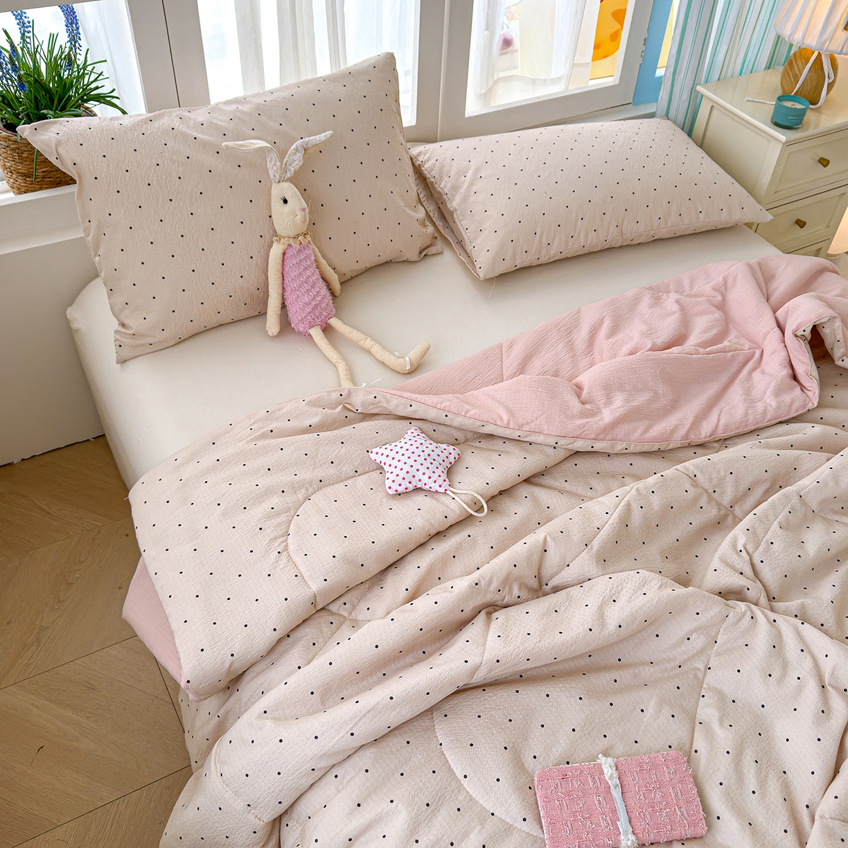 91家纺网 家纺一手货源 找家纺 弗苓家纺 2026新款A类云感有氧双层纱夏被夏凉被 小奶球