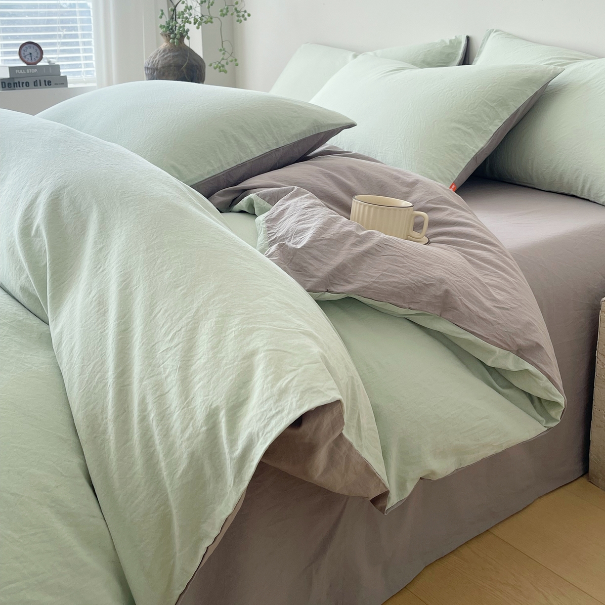 春皖家纺 2026春夏新款双拼全棉纯棉水洗棉四件套 薄荷绿-浅灰
