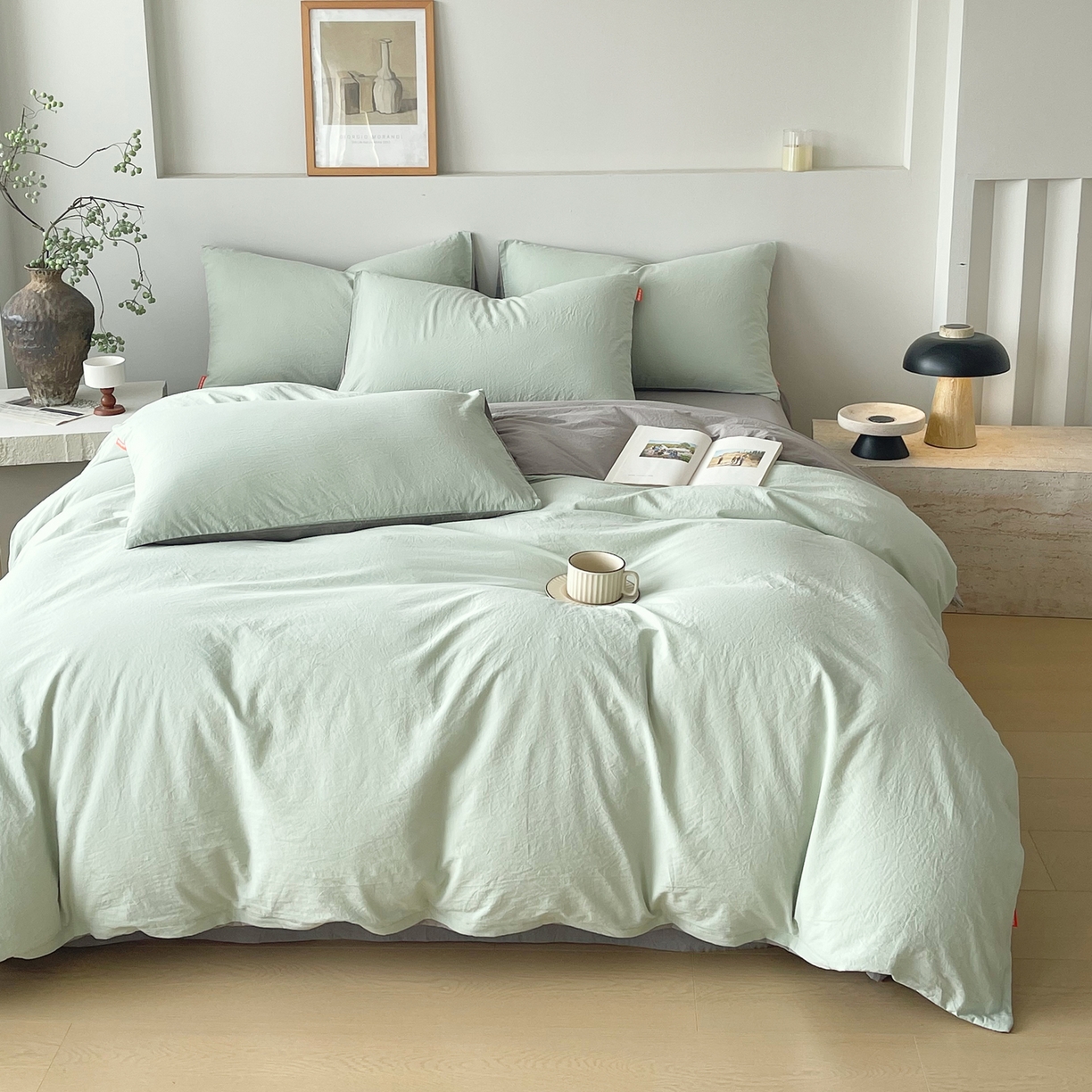 91家纺网 家纺一手货源 找家纺 春皖家纺 2026春夏新款双拼全棉纯棉水洗棉四件套 薄荷绿-浅灰