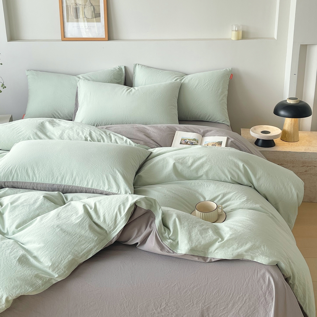 91家纺网 家纺一手货源 找家纺 春皖家纺 2026春夏新款双拼全棉纯棉水洗棉四件套 薄荷绿-浅灰