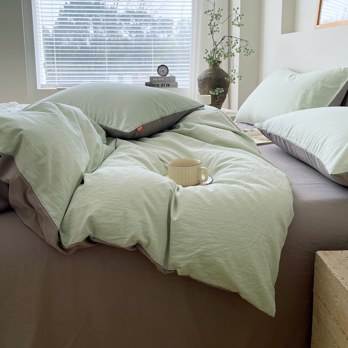 91家纺网 家纺一手货源 找家纺 春皖家纺 2026春夏新款双拼全棉纯棉水洗棉四件套 薄荷绿-浅灰