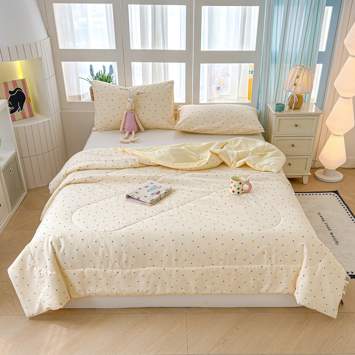 91家纺网 家纺一手货源 找家纺 弗苓家纺 2026新款A类云感有氧双层纱夏被夏凉被 彩波点