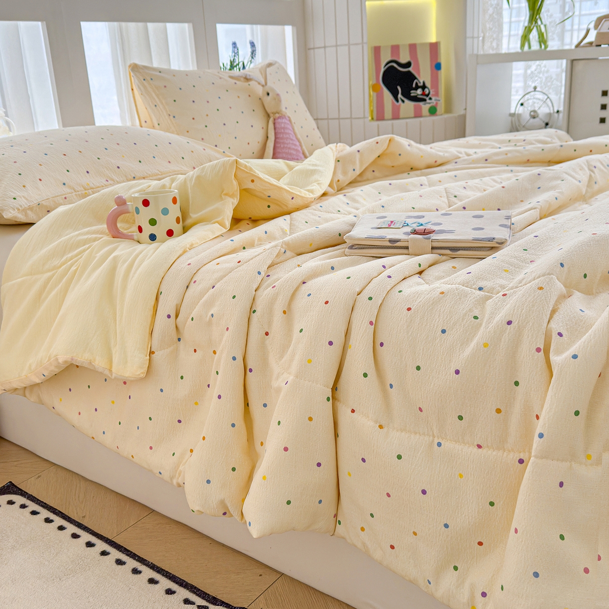 91家纺网 家纺一手货源 找家纺 弗苓家纺 2026新款A类云感有氧双层纱夏被夏凉被 彩波点