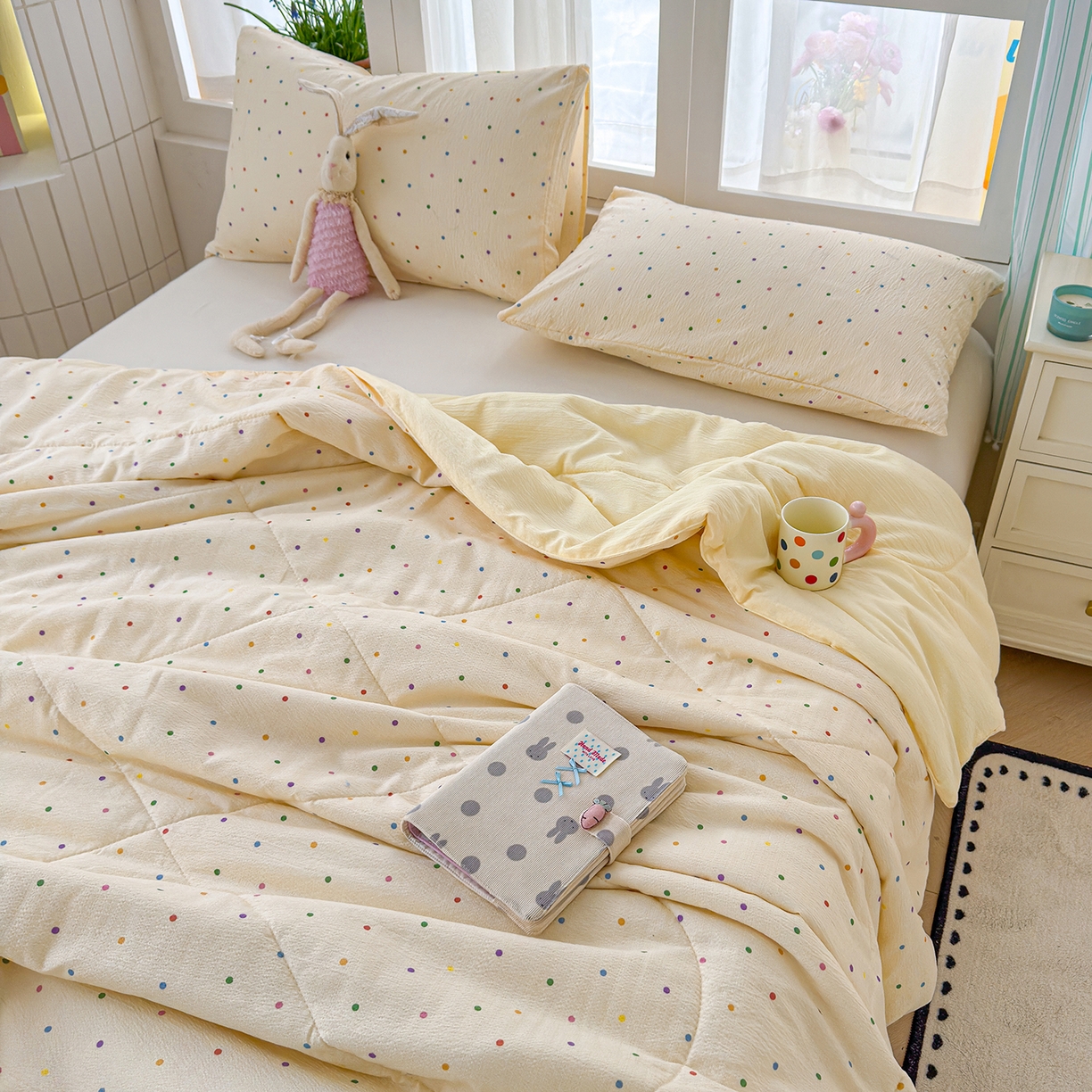 91家纺网 家纺一手货源 找家纺 弗苓家纺 2026新款A类云感有氧双层纱夏被夏凉被 彩波点