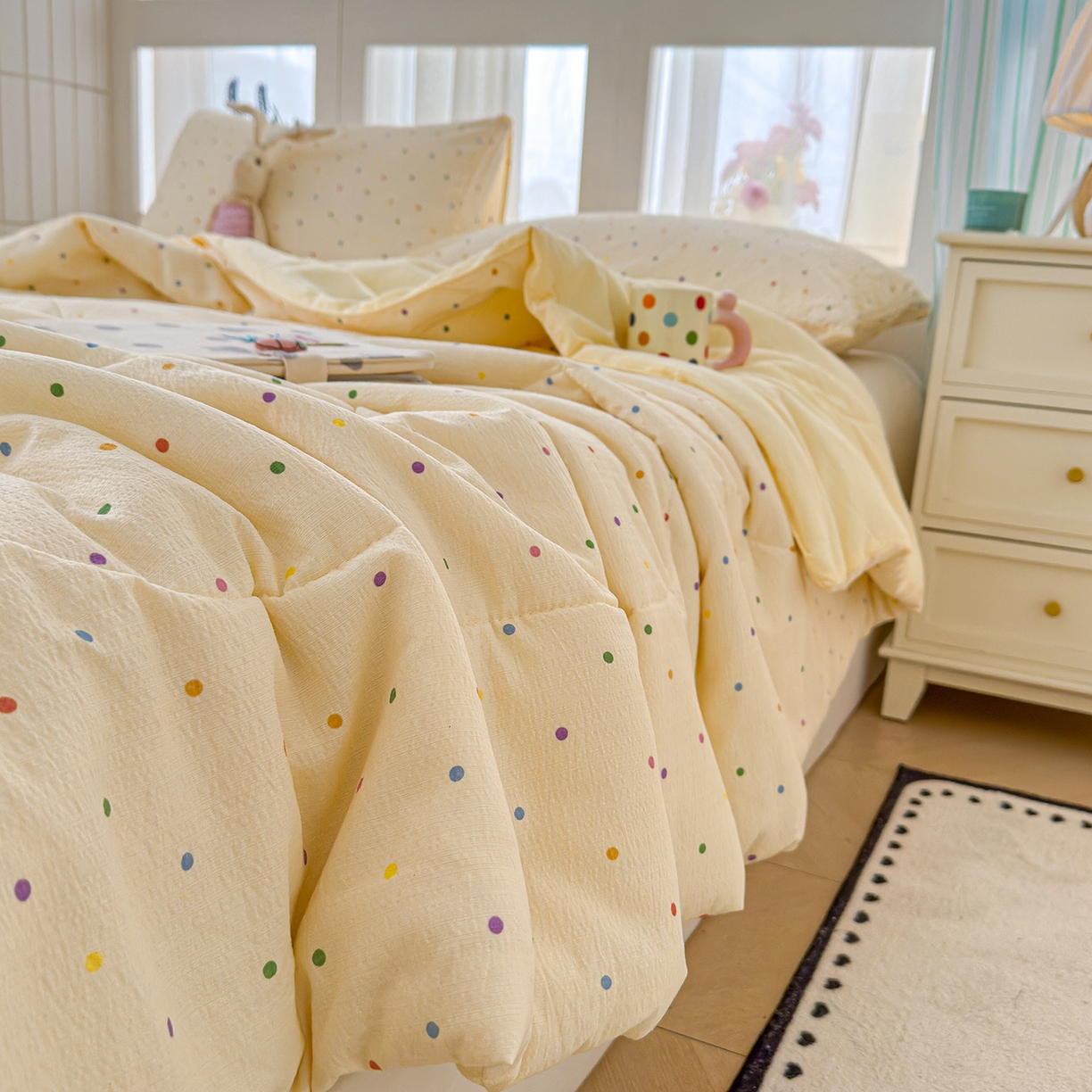 91家纺网 家纺一手货源 找家纺 弗苓家纺 2026新款A类云感有氧双层纱夏被夏凉被 彩波点