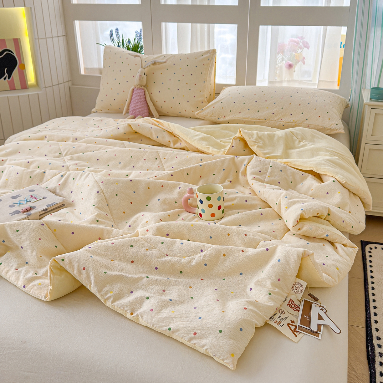 91家纺网 家纺一手货源 找家纺 弗苓家纺 2026新款A类云感有氧双层纱夏被夏凉被 彩波点