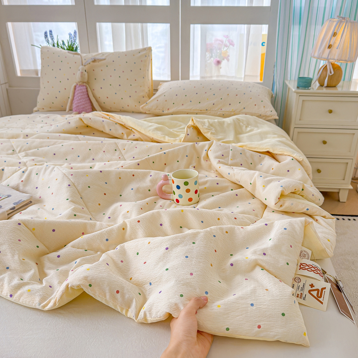 91家纺网 家纺一手货源 找家纺 弗苓家纺 2026新款A类云感有氧双层纱夏被夏凉被 彩波点