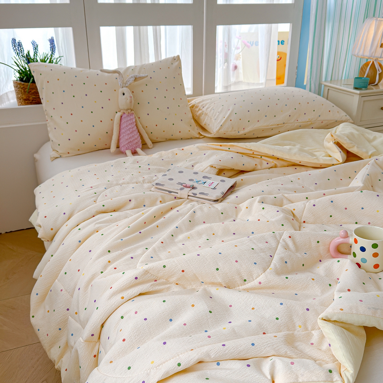 91家纺网 家纺一手货源 找家纺 弗苓家纺 2026新款A类云感有氧双层纱夏被夏凉被 彩波点